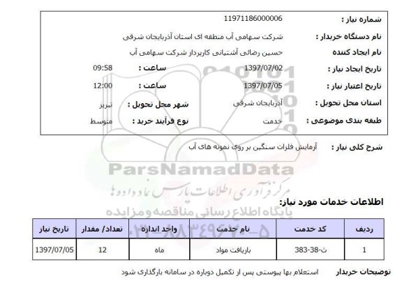 استعلام, آزمایش فلزات سنگین بر روی نمونه های آب