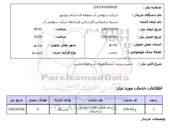 استعلام, استعلام تعمیر و مرمت ایستگاه های آب و هواشناسی