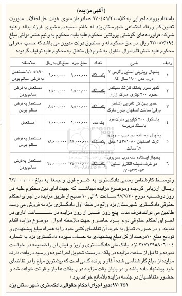 مزایده , مزایده یخچال ویترینی و کمپرسور باد و ... 