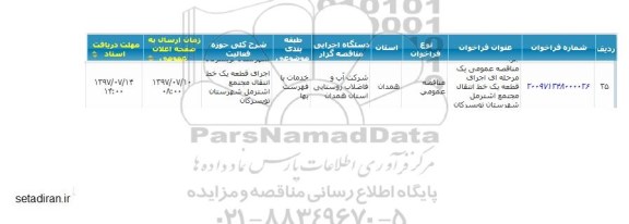 مناقصه ، مناقصه اجرای قطعه یک خط انتقال مجتمع