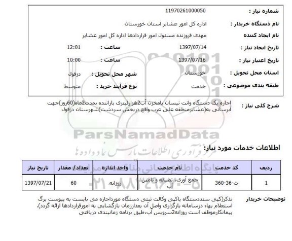 استعلام,استعلام اجاره یک دستگاه وانت نیسان با مخزن آب