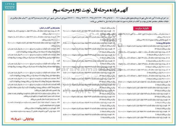 مزایده, مزایده واگذاری 31 باب مغازه- نوبت دوم و مرحله سوم 