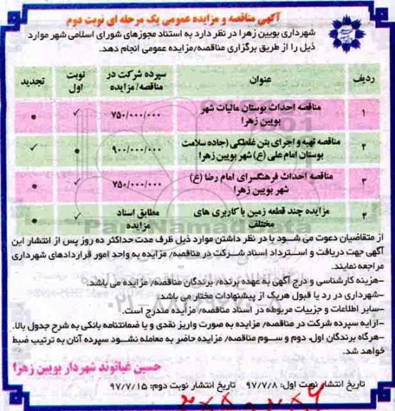 مناقصه عمومی, مناقصه احداث بوستان، تهیه و اجرای بتن غلطکی، احداث فرهنگ سرا... نوبت دوم