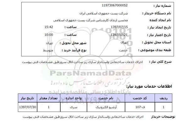 استعلام, استعلام اجرای خدمات ساختمانی و استانداردسازی زیرساخت اتاق سرور