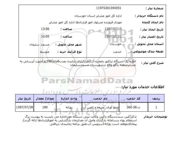 استعلام , استعلام   اجاره یک دستگاه تراکتور با مخزن آب ...