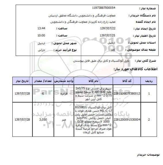 استعلام , استعلام  کابل کواکسیال و کابل برق ...