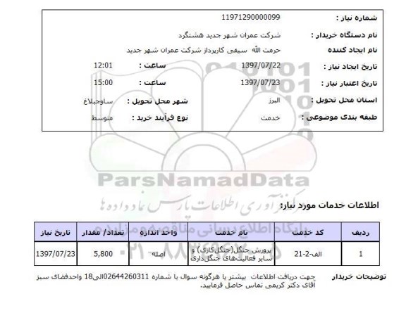 استعلام, پرورش جنگل (جنگل کاری) و سایر فعالیت های جنگل داری 	