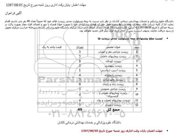 فراخوان, فراخوان بیمه مسئولیت مدنی رزیدنت های