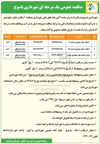 آگهی مناقصه عمومی, مناقصه عملیات آسفالت معابر شطح شهر 