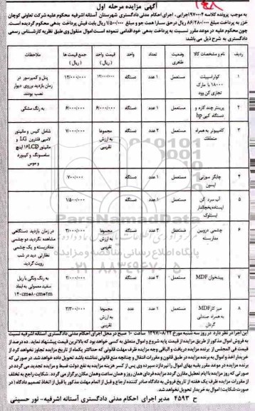 مزایده,مزایده کولر اسپیلت، پرینتر چند کاره، کامپیوتر به همراه متعلقات و...