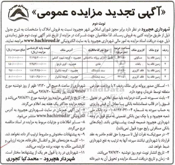 مزایده,مزایده فروش املاک کاربری مسکونی و باغات نوبت دوم