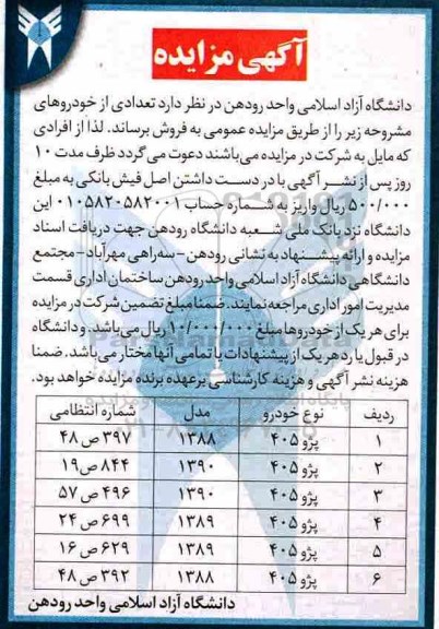 آگهی مزایده عمومی ، مزایده تعدادی از خودروها 