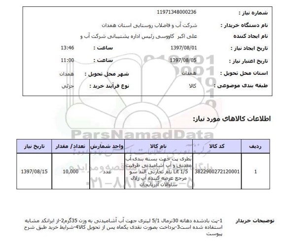 استعلام , استعلام بطری پت جهت بسته بندی آب معدنی ...