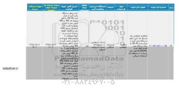 مناقصه خرید چهار دستگاه پمپ گریز 