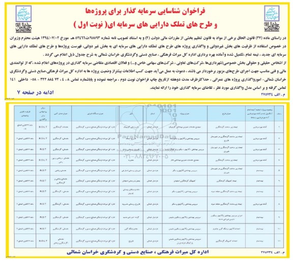 فراخوان، فراخوان شناسایی سرمایه گذاری برای پروژه ها و طرح های تملک دارایی