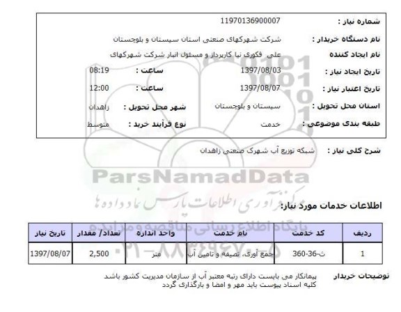 استعلام, استعلام  شبکه توزیع آب شهرک صنعتی ...