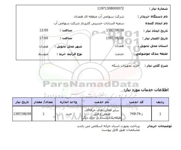 استعلام خرید تجهیزات شبکه