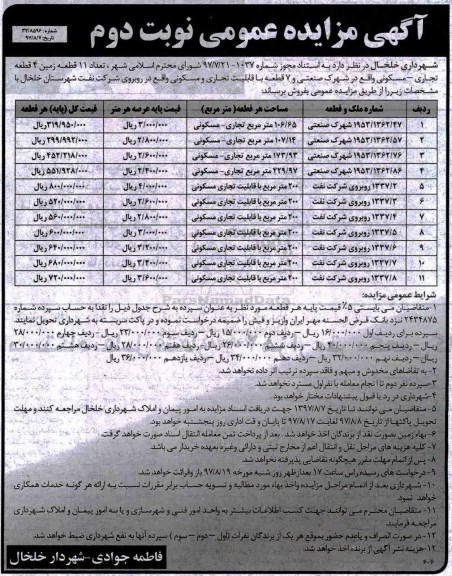 مزایده, مزایده فروش تعداد 11 قطعه زمین کاربری تجاری مسکونی  نوبت دوم 