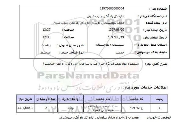 استعلام; استعلام بهاء تعمیرات 2 واحد از منازل سازمانی...