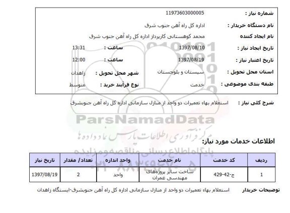 استعلام ,  استعلام بها تعمیرات دو واحد از منازل سازمانی ....