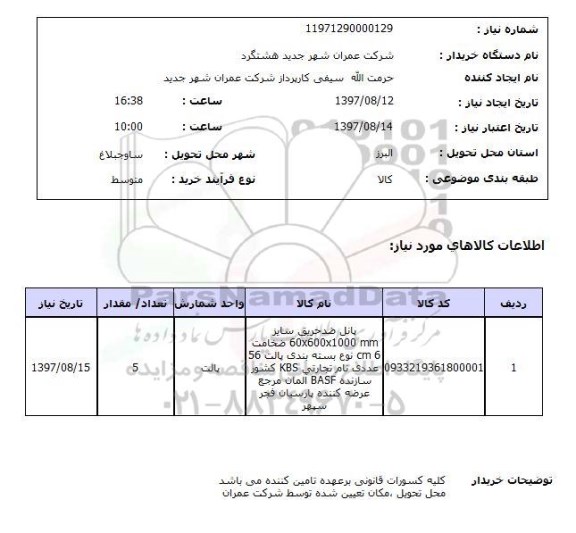 استعلام , استعلام پانل ضد حریق سایز  60*600*1000 MM  ...