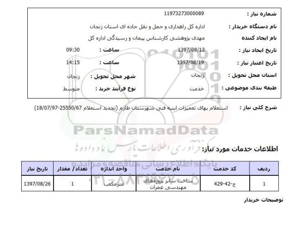 تجدید استعلام, تجدید استعلام بهای تعمیرات ابنیه فنی 