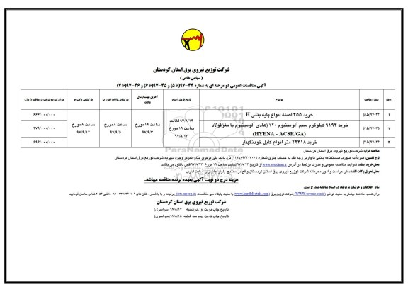 آگهی مناقصات عمومی دو مرحله ای , مناقصه خرید 455 اصله انواع پایه بتنی H