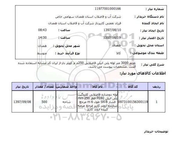 استعلام, استعلام خرید 3000 متر لوله پلی اتیلن فاضلابی ...