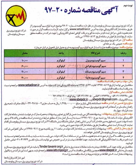 آگهی مناقصه, مناقصه خرید انواع سیم آلومینیوم  نوبت دوم 