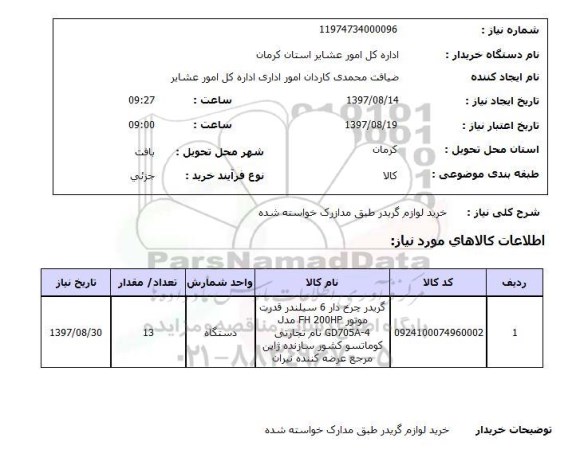 استعلام, استعلام خرید لوازم گریدر طبق مدارک خواسته شده