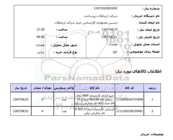 استعلام,استعلام میز و صندلی اداری