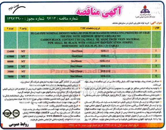 ﻿آگهی مناقصه, مناقصه خرید لوله های پلی اتیلن در سایزهای مختلف  نوبت دوم 