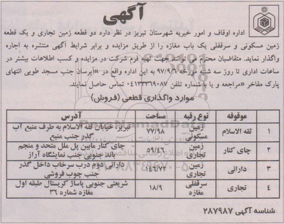 آگهی مزایده ,مزایده دو قطعه زمین تجاری و یک قطعه زمین مسکونی و سرقفلی یک باب مغازه