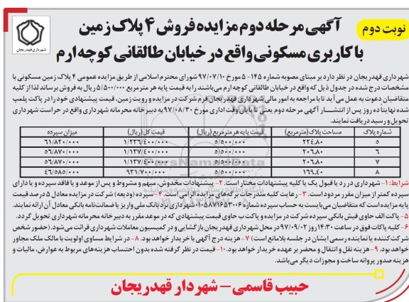  مزایده ,  مزایده فروش 4 پلاک زمین کاربری مسکونی نوبت دوم  