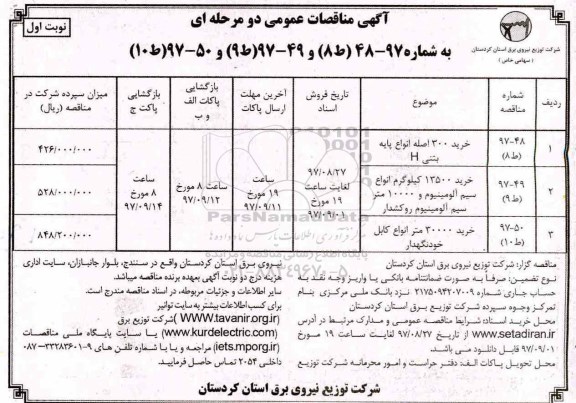 مناقصات عمومی خرید 300 اصله انواع پایه بتنی H  و ... 