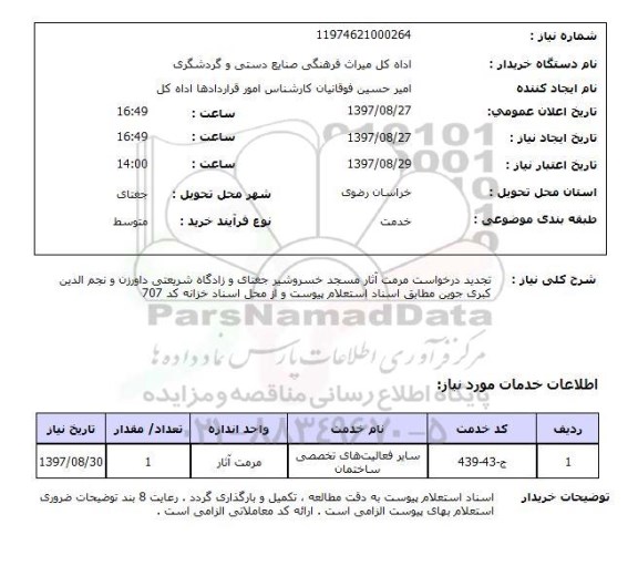 استعلام, تجدید درخواست مرمت آثار مسجد خسروشیر و ....