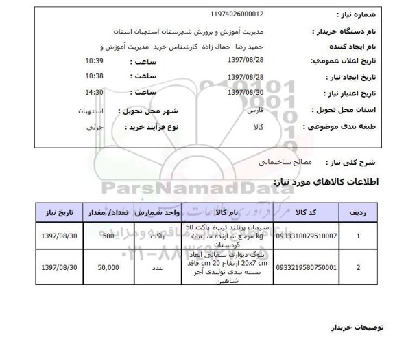 استعلام, مصالح ساختمانی