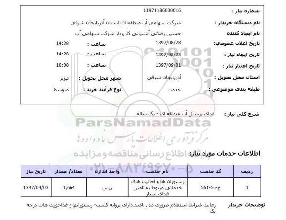 استعلام, استعلام غذای پرسنل آب منطقه ای ...