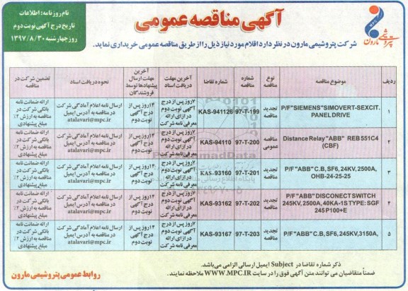 مناقصه مناقصه P/F SIEMENS SIMOVERT-SEXCIT PANEL DRIVE و...نوبت دوم 