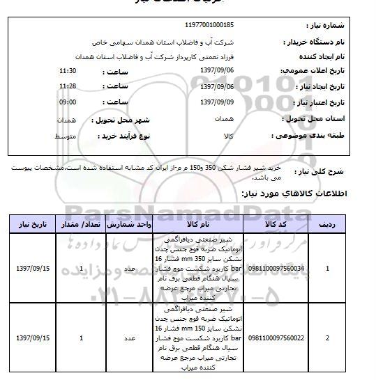 استعلام,استعلام خرید شیر فشار شکن