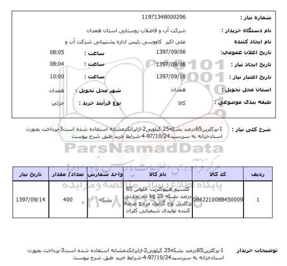 استعلام,  پرکلرین 65 درصد