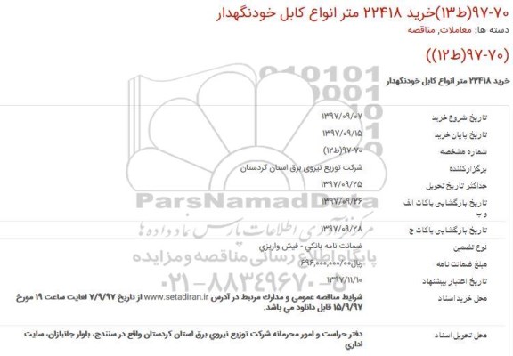 مناقصه خرید 22418 متر انواع کابل خودنگهدار 