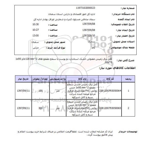 استعلام,  استعلام کابل برق زمینی مفتولی خشک