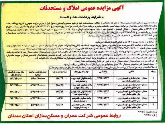 مزایده،مزایده واگذاری تعدادی از املاک و مستحدثات 