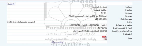 مناقصه خرید 8000 متر کابل