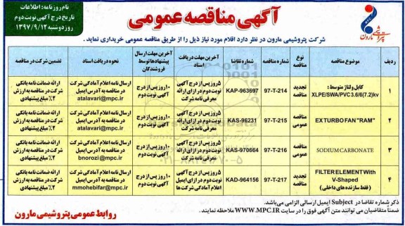 آگهی مناقصه عمومی, مناقصه کابل ولتاژ متوسط و ...  - نوبت دوم 