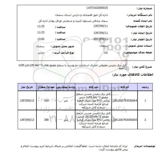 استعلام,استعلام کابل برق زمینی مفتولی خشک 