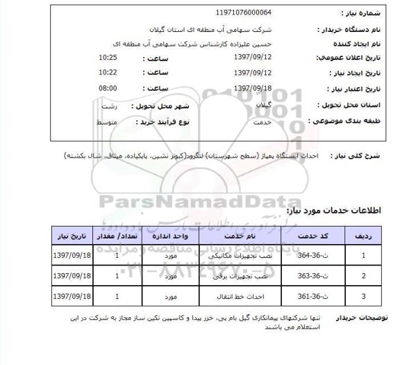 استعلام, استعلام احداث ایستگاه پمپاژ سطح شهرستان