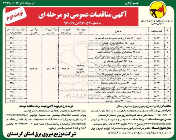 آگهی مناقصه عمومی, مناقصه خرید 11000 عدد انواع لامپ سدیم خیاری و کم مصرف... نوبت دوم 