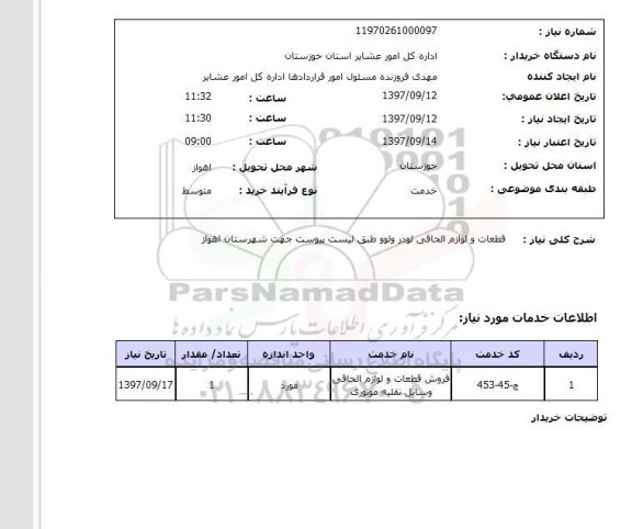 استعلام,قطعات و لوازم الحاقی لودر